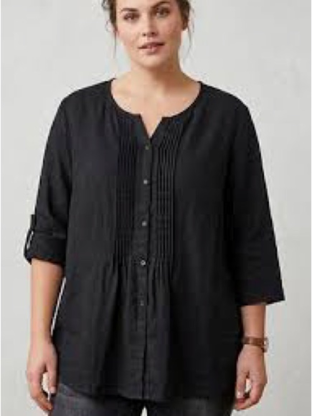 Ulla Popken Black Linen Pintuck Blouse Size 28 Button Down Tops